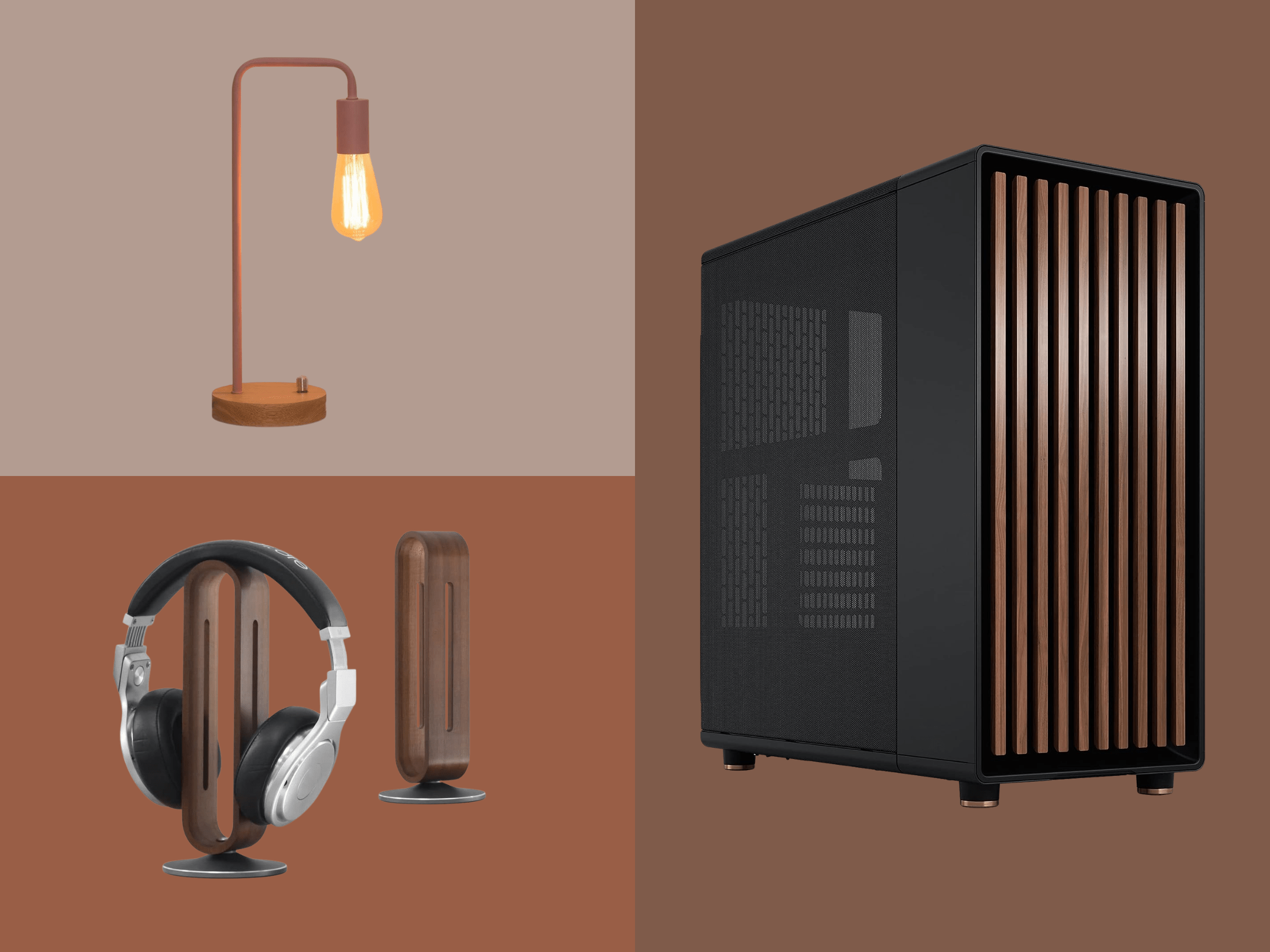 blog post featured image showcasing a lamp, pc case, and wooden headset stand